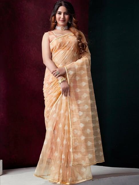 satrani peach printed saree with unstitched blouse