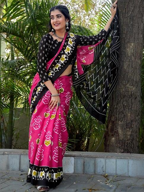 satrani pink & black cotton ikkat print saree with unstitched blouse