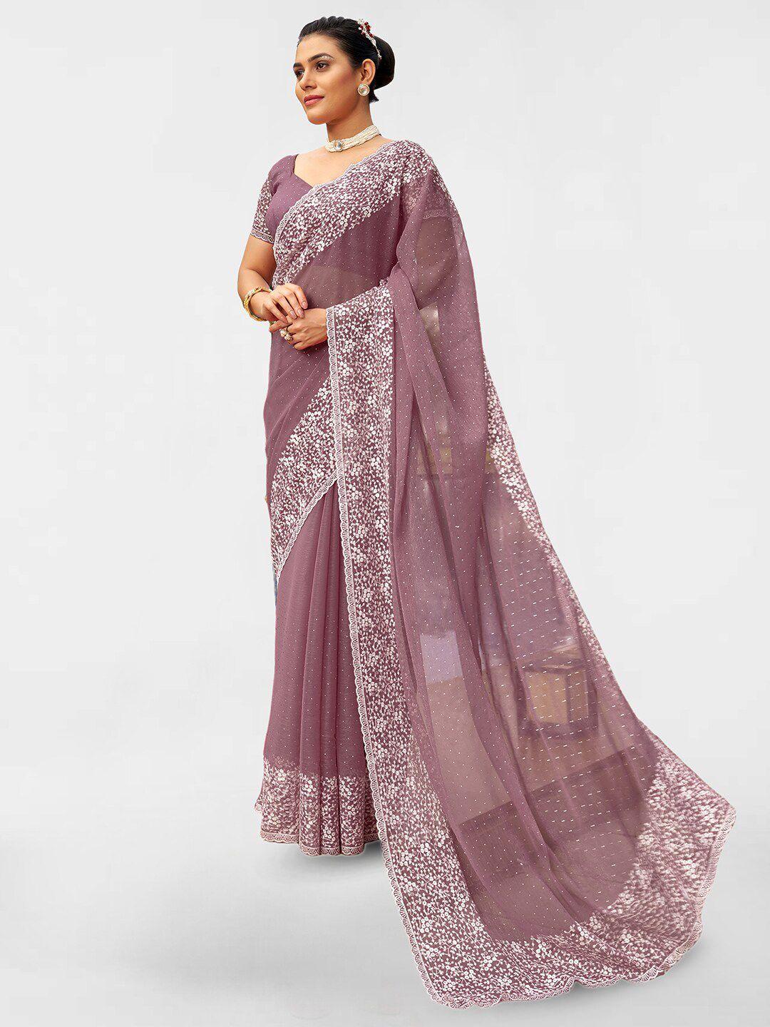 satrani pink & white embellished beads and stones poly chiffon saree