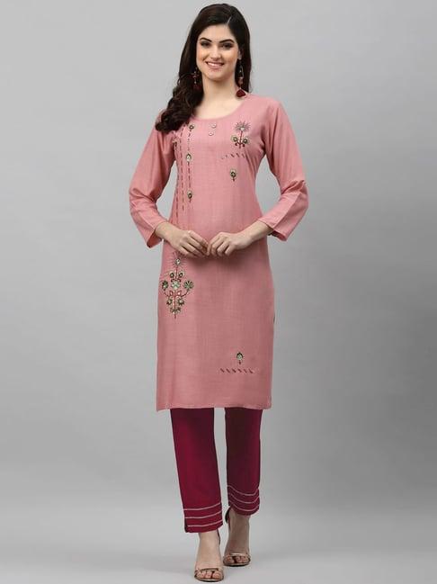 satrani pink embroidered kurta pant set