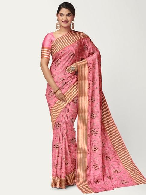 satrani pink printed saree with unstitched blouse