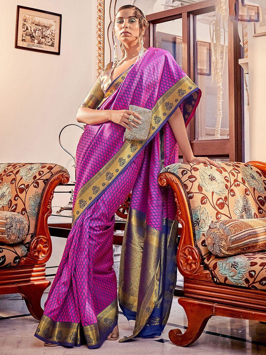 satrani purple & blue ethnic motifs woven design zari silk cotton jacquard saree