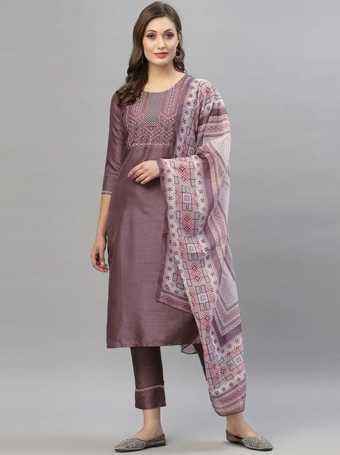 satrani purple embroidered kurta pant set with dupatta