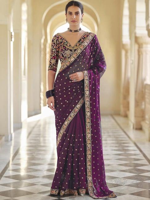 satrani purple embroidered saree with unstitched blouse