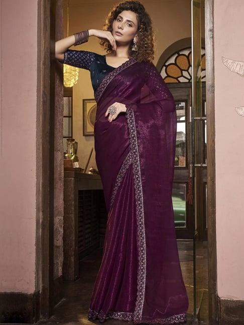 satrani purple embroidered saree with unstitched blouse