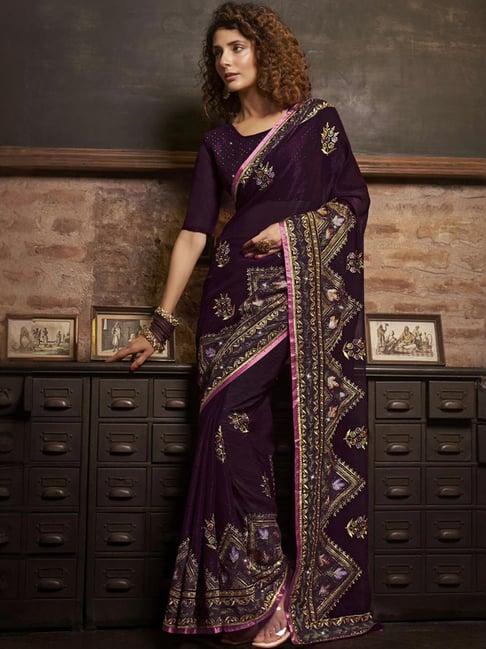 satrani purple embroidered saree with unstitched blouse