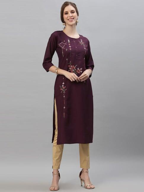 satrani purple embroidered straight kurta