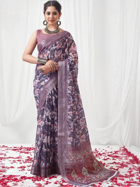 satrani purple floral print saree with unstitched blouse