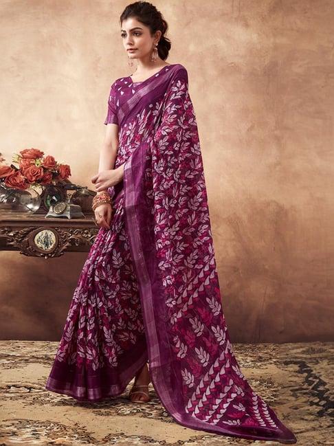 satrani purple floral print saree with unstitched blouse