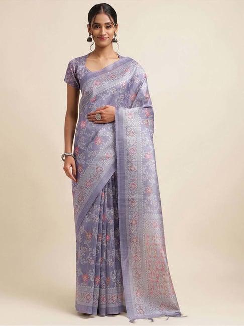 satrani purple printed saree with unstitched blouse