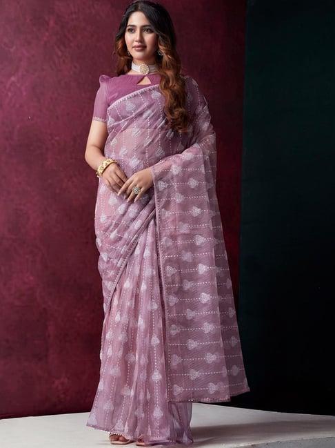 satrani purple printed saree with unstitched blouse