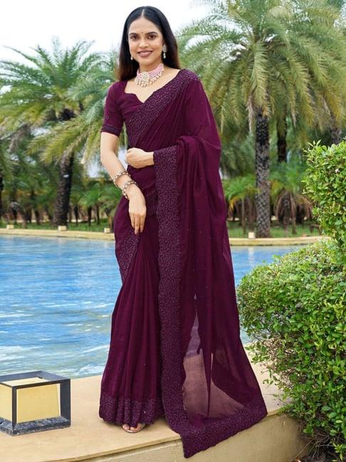 satrani purple silk embroidered saree with unstitched blouse