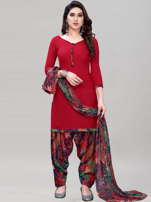 satrani red & navy printed unstitched dress material