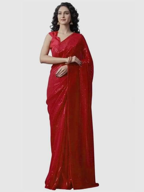 satrani red embellished saree with unstitched blouse