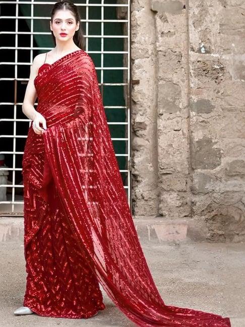 satrani red embellished saree with unstitched blouse