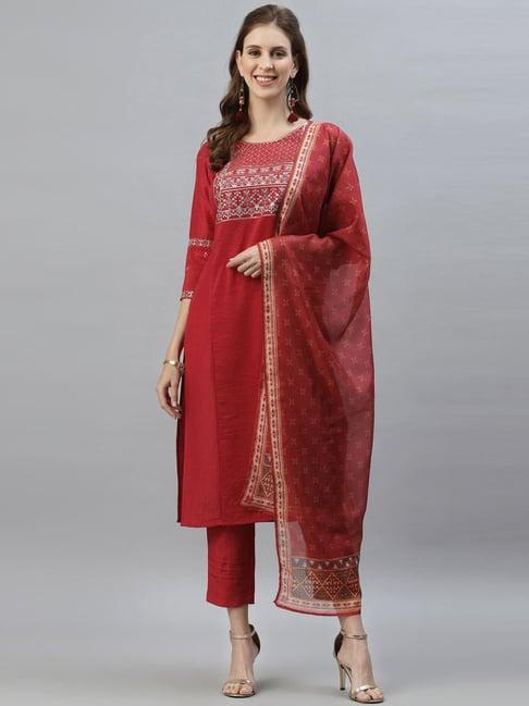 satrani red embroidered kurta pant set with dupatta