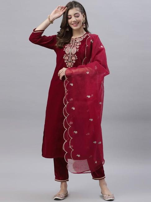 satrani red embroidered kurta pant set with dupatta