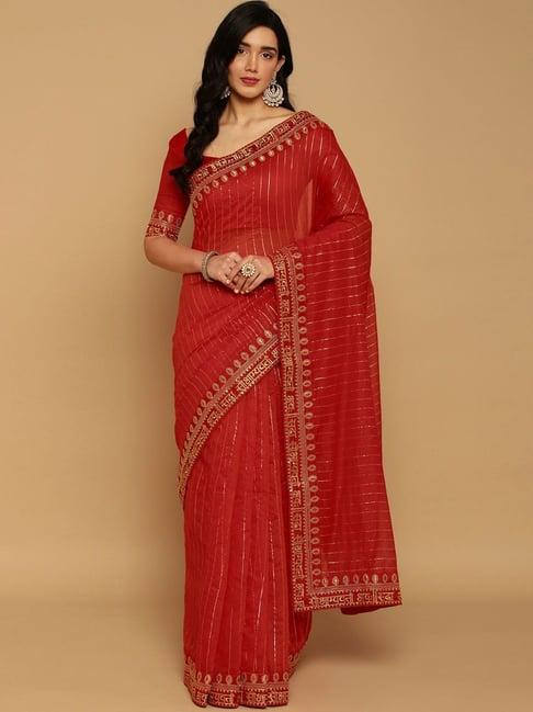 satrani red embroidered saree with unstitched blouse