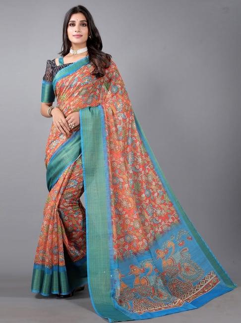 satrani red floral print saree with unstitched blouse