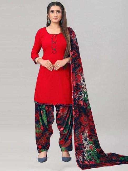 satrani red printed unstitched dress material
