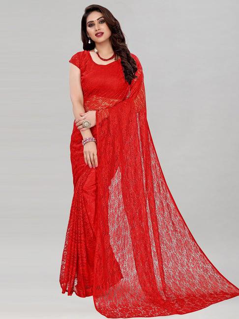 satrani red saree with unstitched blouse piece