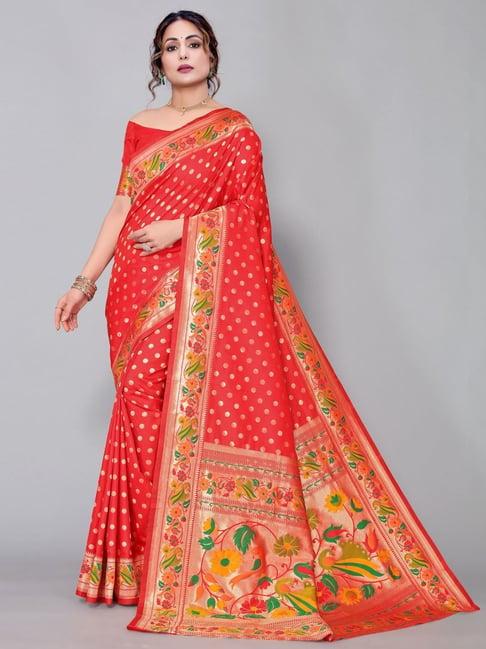 satrani red woven saree with unstitched blouse