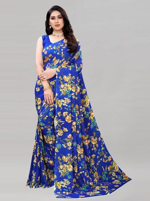 satrani royal blue georgette floral printed saree with unstitched blouse piece