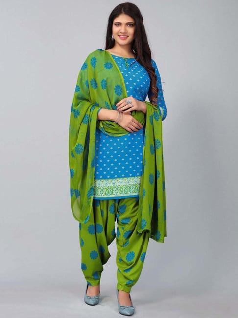 satrani sky blue & green printed unstitched dress material