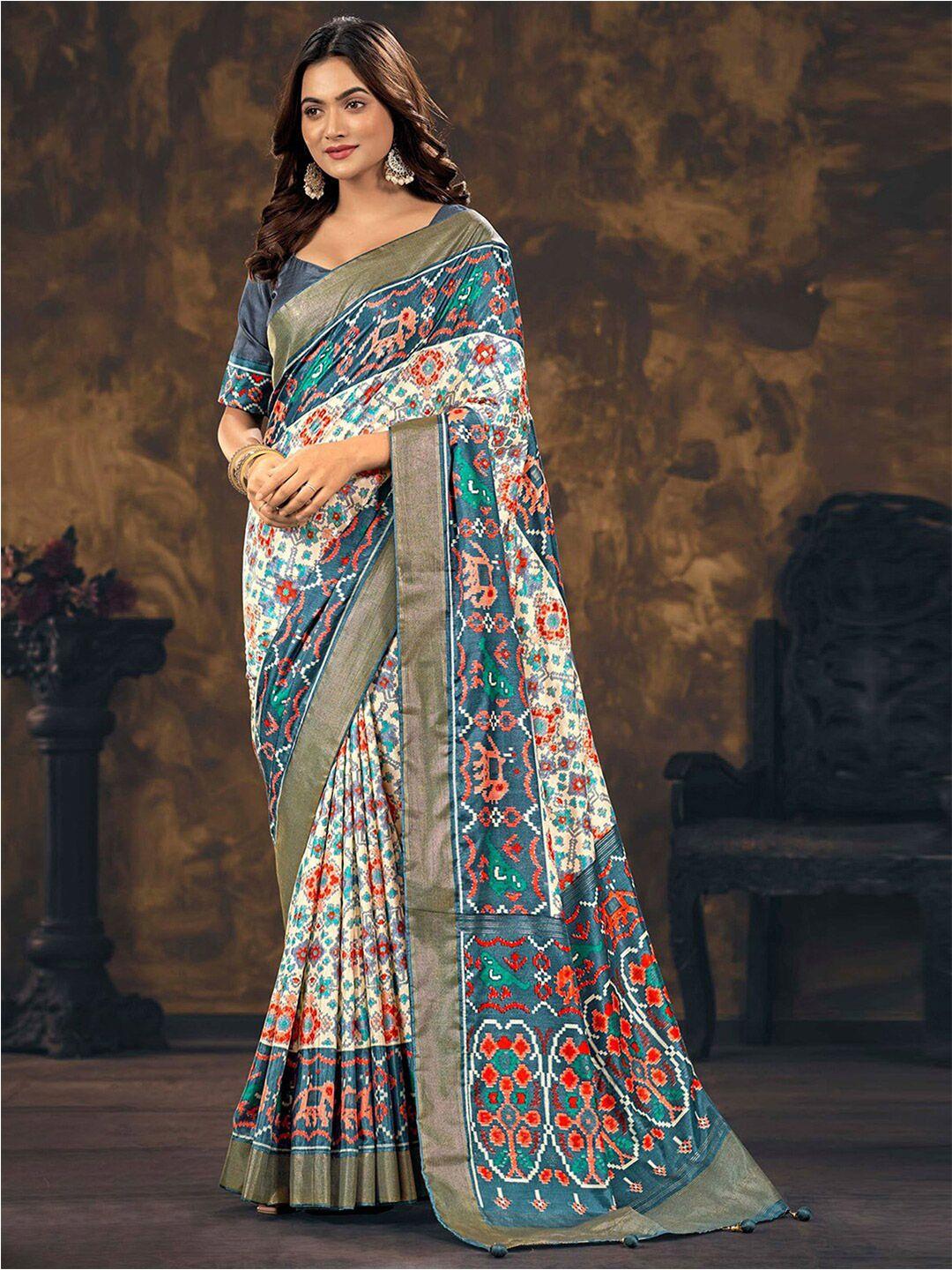 satrani teal & white ethnic motifs printed zari saree