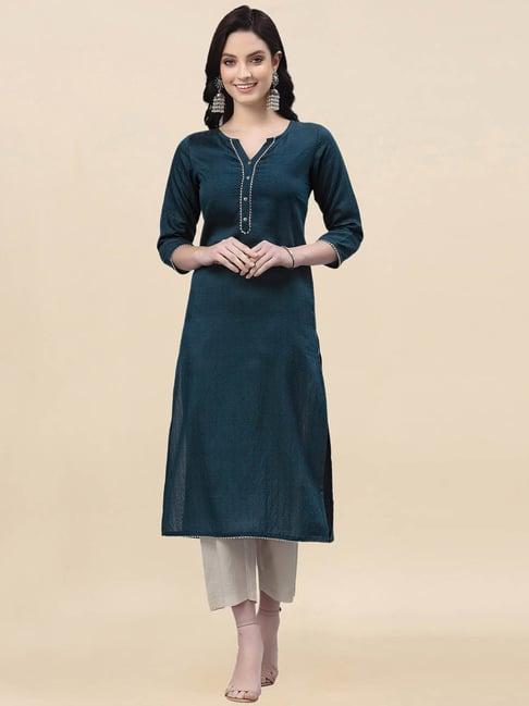 satrani teal blue cotton woven pattern straight kurta