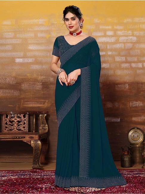 satrani teal blue embellished saree with unstitched blouse