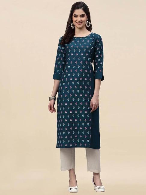 satrani teal blue floral print straight kurta