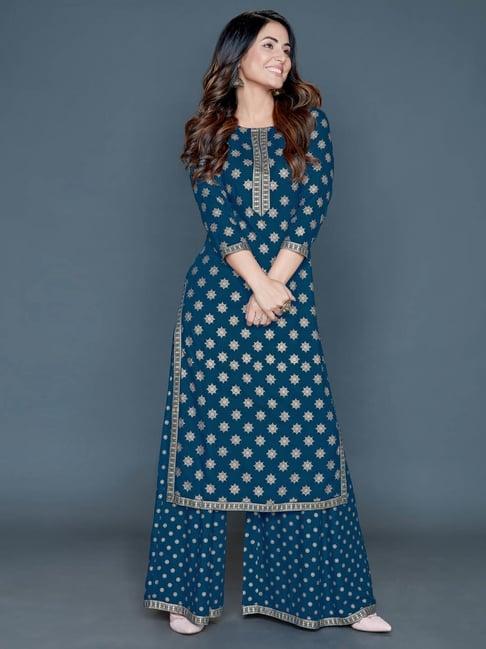 satrani teal blue printed kurta palazzo set