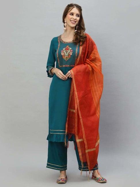 satrani teal embroidered kurta palazzo set with dupatta