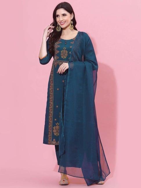 satrani teal embroidered kurta pant set with dupatta