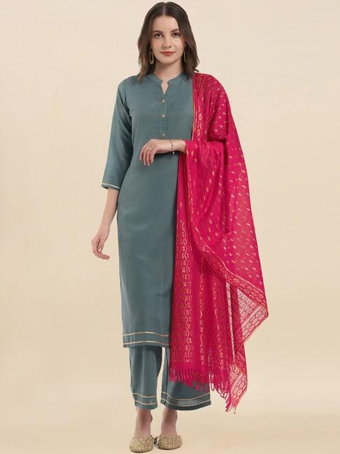 satrani teal green kurta pant set with dupatta