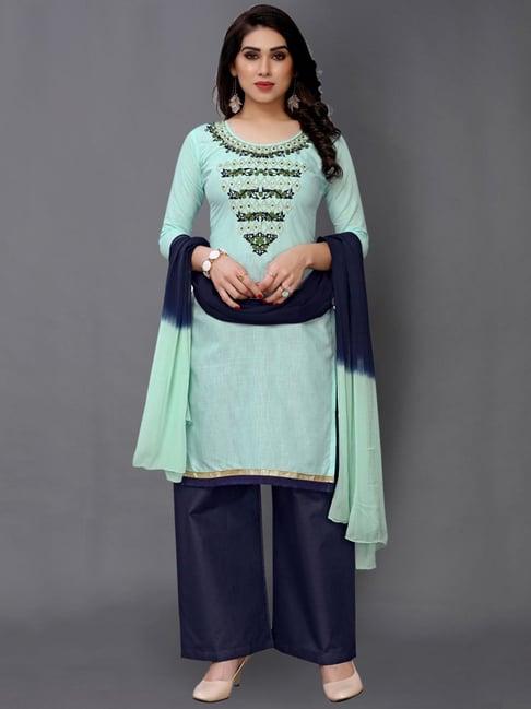 satrani turquoise & navy cotton embroidered unstitched dress material