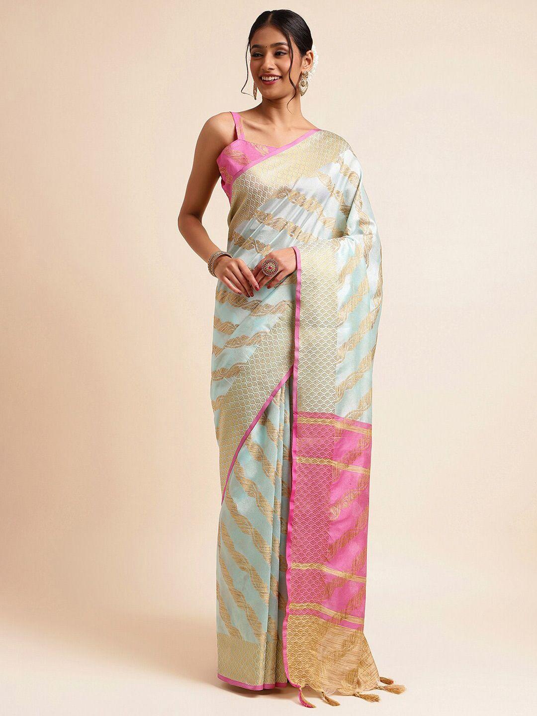 satrani turquoise blue & pink woven design zari silk cotton saree
