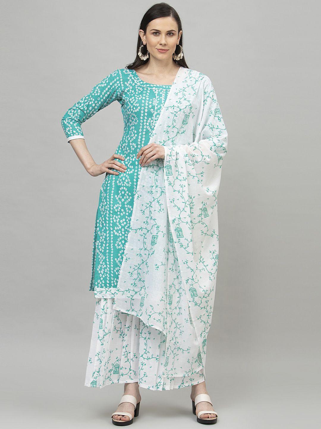 satrani turquoise blue & white printed pure cotton unstitched dress material