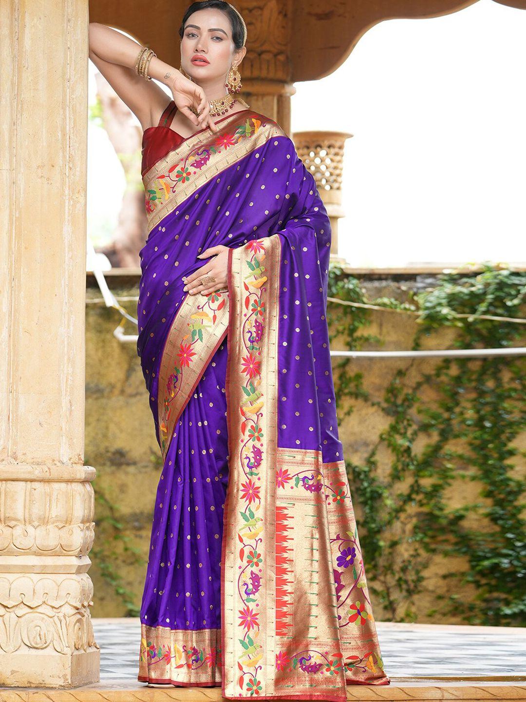 satrani violet & green ethnic motifs woven design zari paithani saree