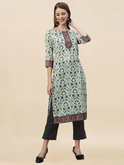 satrani white & blue printed straight kurta