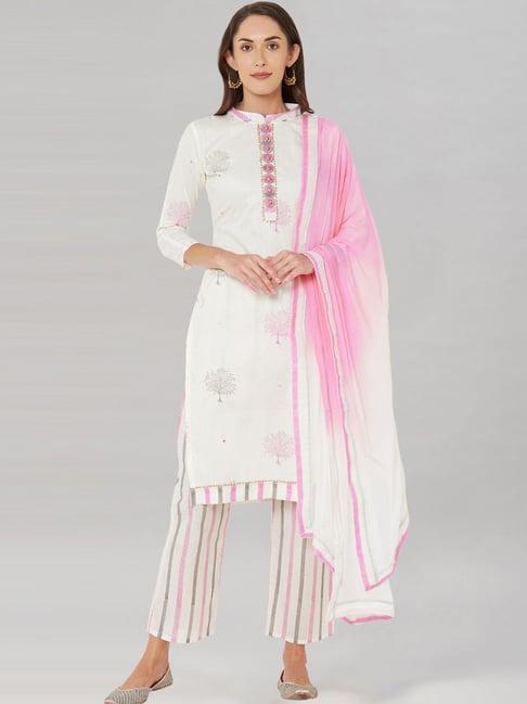 satrani white cotton embroidered unstitched dress material