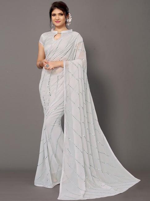 satrani white embellished saree with unstitched blouse