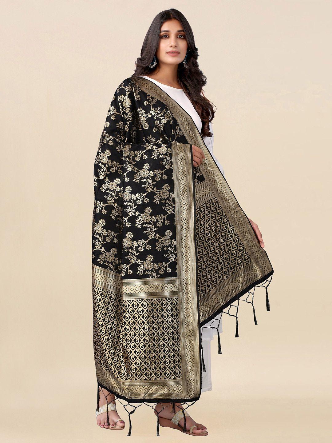 satrani women black & golden silk blend jacquard tassel border dupatta