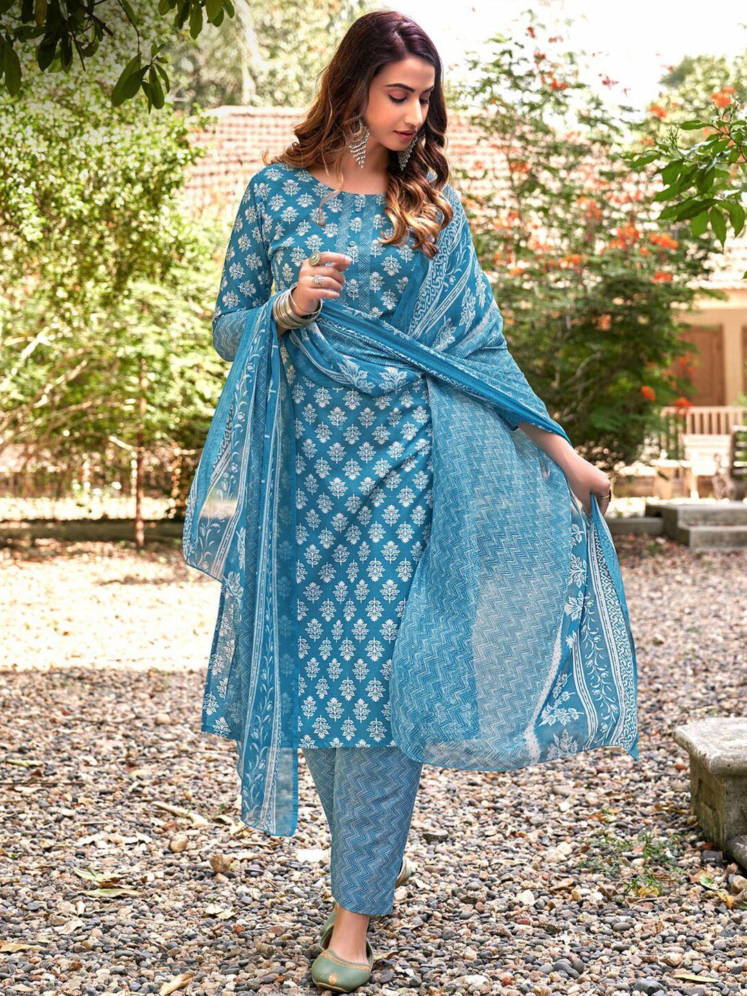 satrani women blue & white printed unstitched dress material