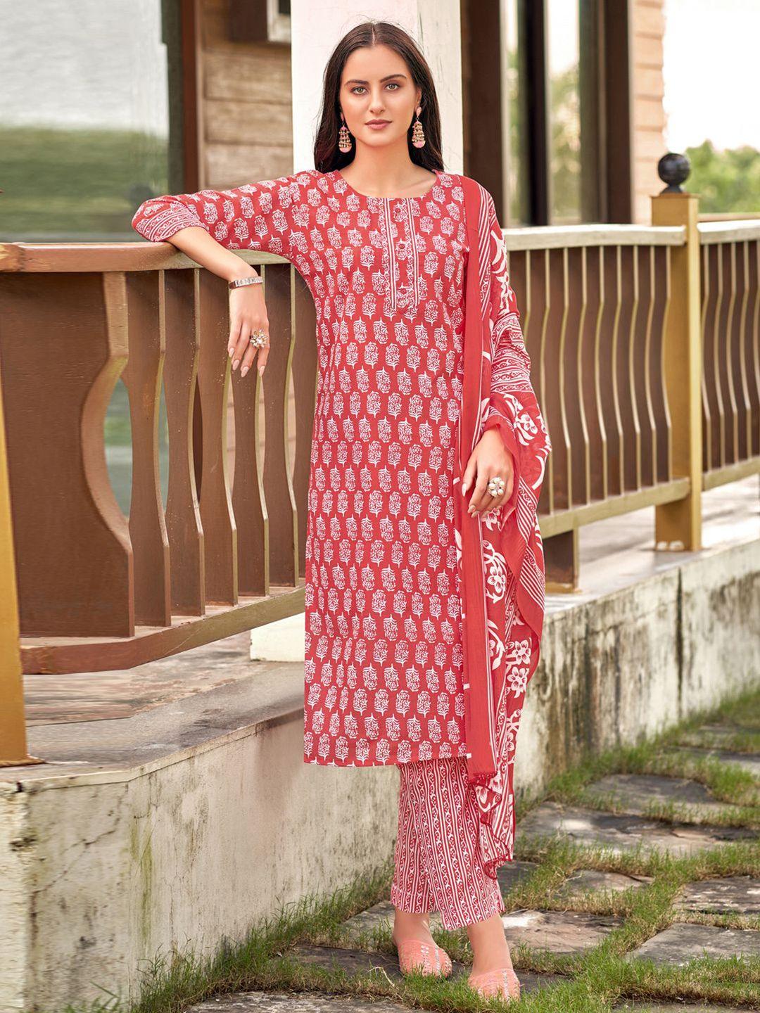 satrani women coral & white printed unstitched dress material