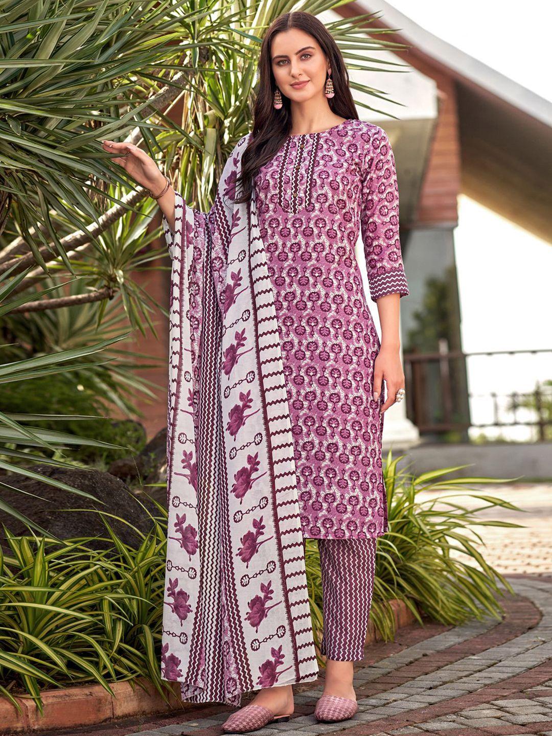 satrani women purple & white printed unstitched dress material