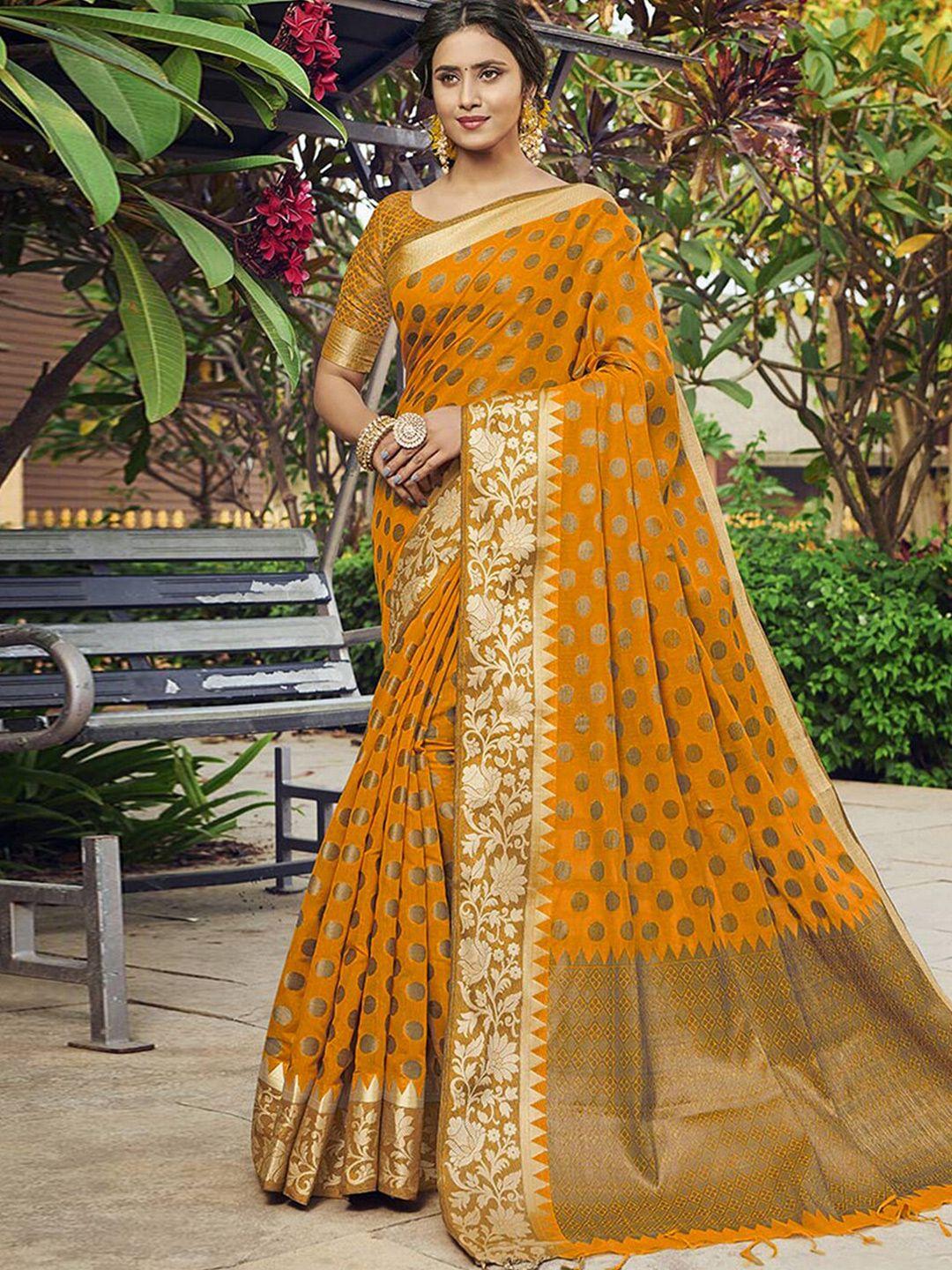 satrani yellow & gold-toned polka dot zari saree