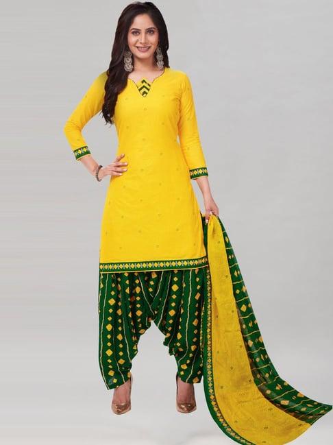 satrani yellow & green printed unstitched dress material