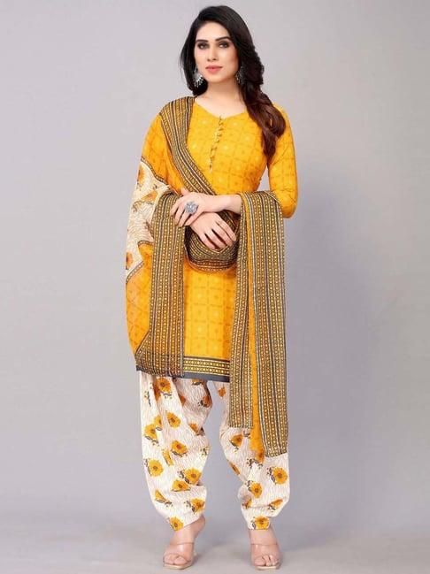 satrani yellow & off-white printed unstitched dress material
